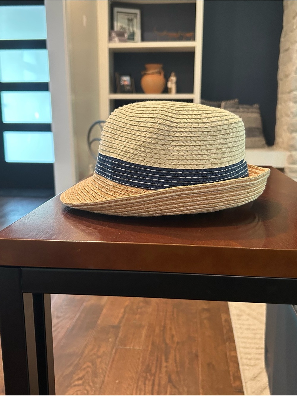 Straw Fedora - Tan Navy Blue Band - Ladies Small